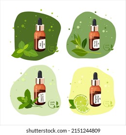 Set with essential oils of basil, tea tree, bergamot and pepermint hand drawn. Aromatherapy and Spa illustration for alternative medicine. Labels on products. Flat cartoon vector illustration isolated