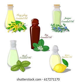 A set of essential oils: Bay tree, Lemon, Ylang-ylang, Basil, Juniper