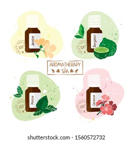 Set with essential oils of bergamot, jasmine, geranium, melissa hand drawn. Aromatherapy and Spa stamp on white background for folk medicine. Labels on products. Cute cartoon vector illustration