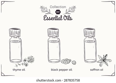A set of essential oils in black and white style: thyme, black pepper, saffron. Vector illustration