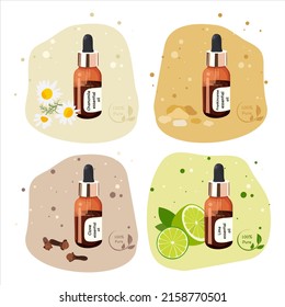 Set with essential oils of chamomile, frankincense, lime and clove hand-drawn. Aromatherapy and Spa illustration for alternative medicine. Flat cartoon vector illustration isolated
