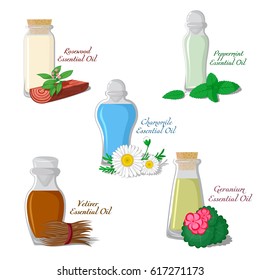 A set of essential oils: Chamomile, Mint, Vetiver, Rosewood, Geranium