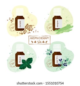 Set with essential oils of coriander, lemongrass, marjoram, juniper berry  hand drawn. Aromatherapy and Spa stamp on white background for alternative medicine. Labels on  products. Vector illustration