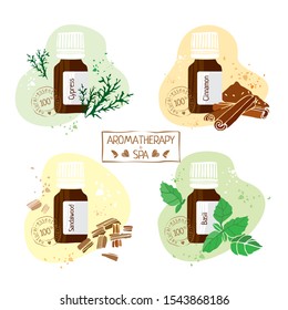 Set with essential oils of cypress, cinnamon, sandalwood and Basil hand drawn. Aromatherapy and Spa stamp on white background for alternative medicine. Labels on  products. Vector illustration