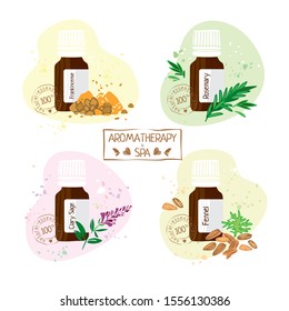 Set with essential oils of fennel, rosemary, clary sage hand drawn. Aromatherapy and Spa stamp on white background for alternative medicine. Labels on  products. Cute cartoon vector illustration