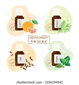 Set with essential oils of grapefruit, clove, oregano hand drawn. Aromatherapy and Spa stamp on white background for alternative medicine. Labels on  products. Cute cartoon vector illustration