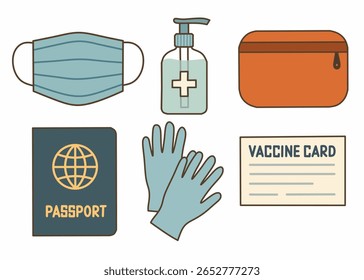 Set of essential post-pandemic travel safety items, like face mask, sanitizer, gloves, pouch, passport, and vaccine card. Ideal for health and travel themes.