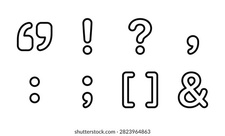 Set of essential punctuation and grammar symbols line art icons with punctuation, typography