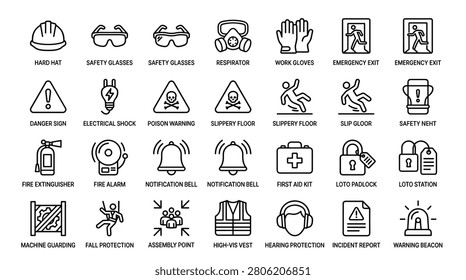 Set of essential safety and personal protection equipment icons. Includes hard hat, safety glasses, respirator, gloves, emergency exit, fire extinguisher, fire alarm, and warning beacon. Universal symbols for workplace safety and emergency preparedness.