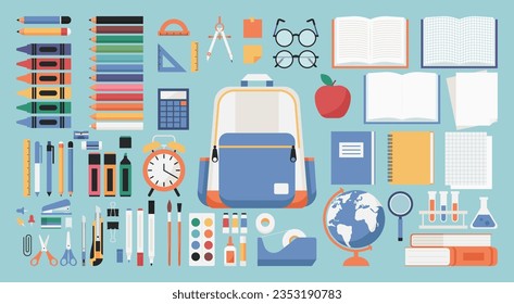 Set of Essential Stationery, Back to School Supplies Arrangement for Students, Learning Tools Composition for Education Concept, Flat Vector Design Illustration