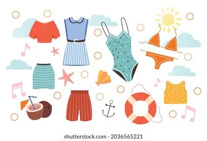 Set of essential summer clothes on white background. Female beach clothing elements. Summer clothes, coconut drink, cosmetic bag, swimsuit. Flat cartoon vector illustration