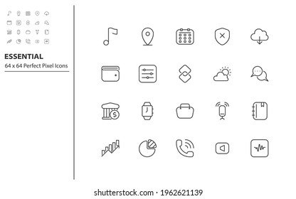 set of essential thin line icons, app, business, communication, social media
