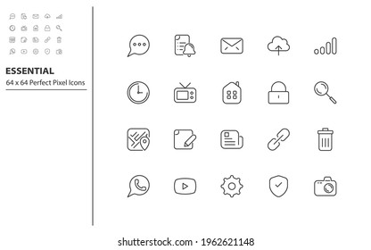 set of essential thin line icons, app, business, communication, social media