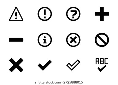 Un conjunto de símbolos esenciales de la interfaz de usuario que incluyen advertencia, información, pregunta, agregar, restar, error, sin entrada e iconos de marca de verificación.