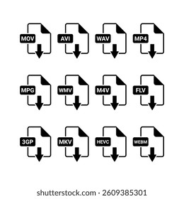 A set of essential video and audio file type icons, designed for clarity and versatility. Great for software, websites, media applications, and file management tools.