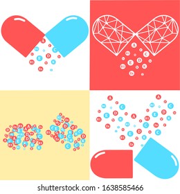 Set of Essential vitamin and mineral complex. Vector creative design  vitamin pills capsules. Multi Vitamin complex icons. Multivitamin supplement, Vitamin logo. Diet Infographic poster. Science