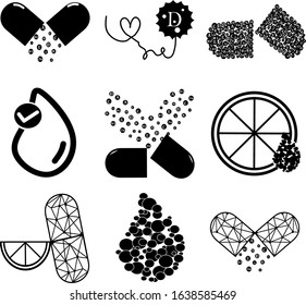Set of Essential vitamin and mineral complex. Vector creative design  vitamin pills capsules. Multi Vitamin complex icons. Multivitamin supplement, Vitamin logo. Diet Infographic poster. Science