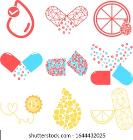 Set of Essential vitamin and mineral complex. Vector creative design vitamin pills capsules. Multi Vitamin complex icons. Multivitamin supplement, Vitamin logo. Diet Infographic poster. Science