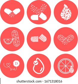 Set of essential vitamin and mineral complex. Vector creative design vitamin pills capsules. Multi vitamin complex icons. Multivitamin supplement, Vitamin logo. Diet Infographic poster science