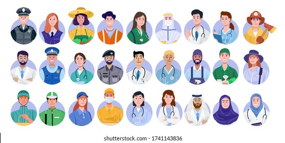 Set of essential workers avatar isolated on white background. vector