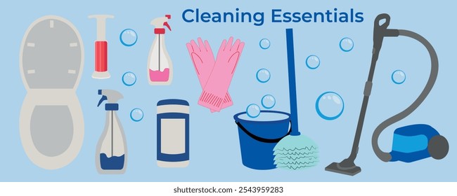 Set of essentials for cleaning, on a blue background with bubbles