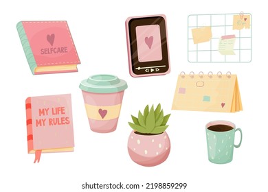 Set essentials self care elements for study, rest, mental health in pink pastel colors in cartoon style isolated on white background. Books, coffee cups,memo board and calendar, phone and plant.