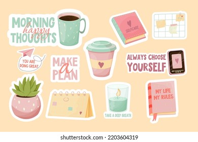 Set essentials self care stickers for study, rest, mental health in pink pastel colors in cartoon style isolated on white background. Books, coffee cups,memo board and calendar, phone and plant.