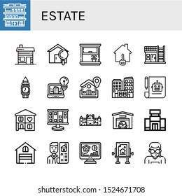 Set of estate icons. Such as Building, Hut, House, Window, Clock tower, Architecture, Home, Plan, Planning, Palace, Garage, Shopping mall, Real estate, Drawing table , estate icons