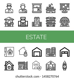 Set Of Estate Icons Such As Doorman, Hut, Real Estate, Shopping Mall, Window, Company, Building, Planning, Modern Architecture, Plan, Wooden House, Home, House, Garage , Estate