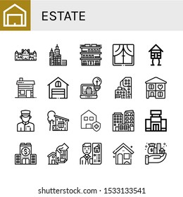 Set Of Estate Icons. Such As Garage, Palace, Skyscraper, Building, Window, Wooden House, Hut, Architecture, Condominium, Home, Doorman, Cottage, Clean House, Shopping Mall , Estate Icons