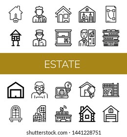 Set Of Estate Icons Such As House, Wooden House, Real Estate, Doorman, Window, Home Office, Plan, Building, Garage, Security Agent, Condominium, Architecture , Estate