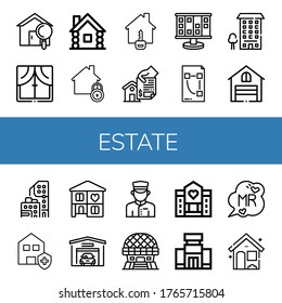 Set Of Estate Icons. Such As House, Window, Wooden House, Home, Planning, Plan, Apartment, Garage, Condominium, Clean House, Doorman, Modern Architecture, Hospice , Estate Icons