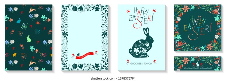 Set of Esther holiday gift cards. Happy Easter banners, web poster, flyers and brochures, greeting cards, group bright covers, seamless pattern. Vector illustration.