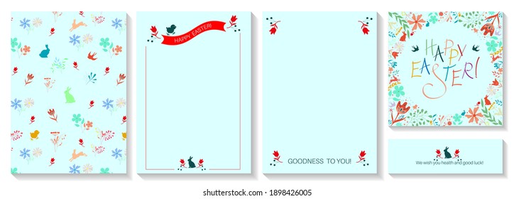 Set of Esther holiday gift cards. Happy Easter banners, web poster, flyers and brochures, greeting cards, group bright covers, seamless pattern. Vector illustration.