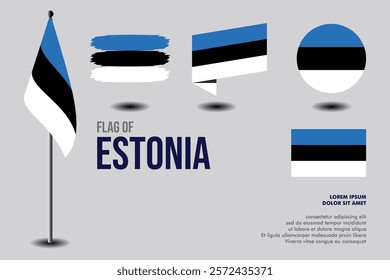 Set of Estonia flag in 5 designs: flag on pole, brush stroke, skew, round and standard. vector, flat, isolated on grey background