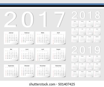 Set of Estonian 2017, 2018, 2019 vector calendars with shadow angles. Week starts from Sunday.