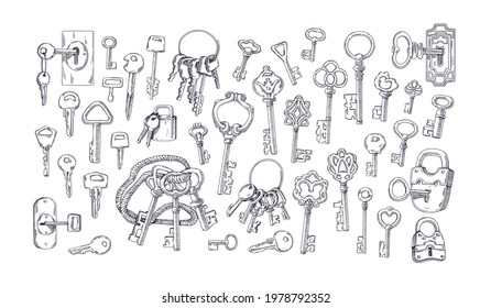 Set of etched vintage old door keys with keychains and rings for locking and unlocking padlocks. Handdrawn medieval objects sketch. Hand-drawn vector illustration isolated on white background