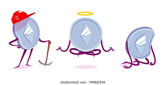 Set of ethereum character in the different situations. Vector cartoon illustration.