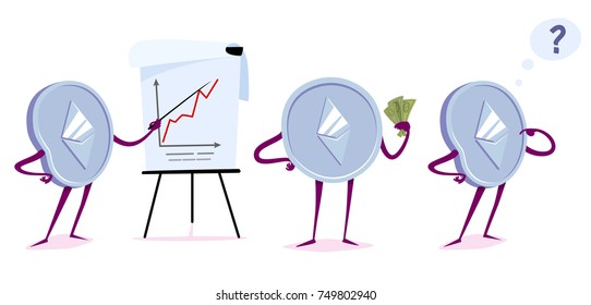 Set of ethereum character in the different situations. Vector cartoon illustration.