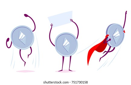 Set of ethereum character in the different situations. Vector cartoon illustration.