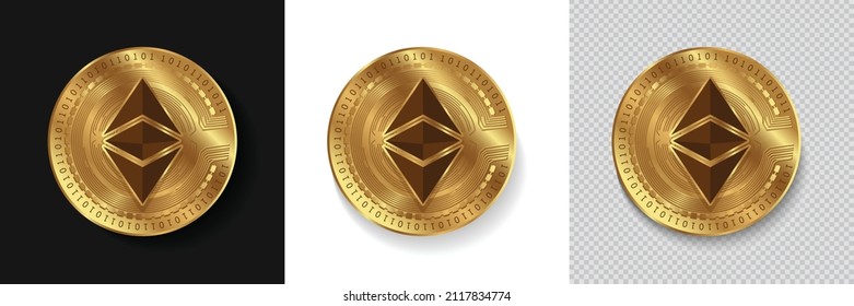 Conjunto de logotipo de criptodivisa ETC Classic Ethereum en la ilustración vectorial de monedas doradas aisladas en fondo blanco, oscuro y transparente. Se puede utilizar como etiqueta criptográfica, pegatina, icono, insignia y emblema