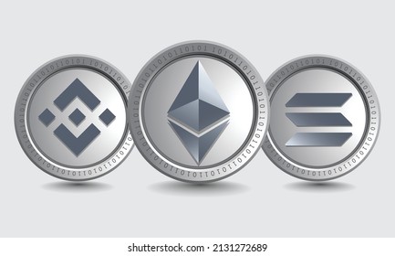 Set of Ethereum (ETH), Binance Coin (BNB), and Solana (SOL) cryptocurrency logo symbols. Isolated Crypto silver coins metallic vector template. Block chain based decentralized crypto currency concept.