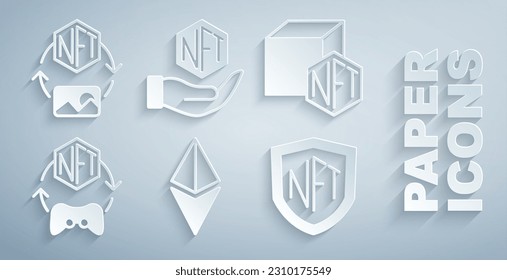 Set Ethereum ETH, NFT Digital crypto art, shield,  and  icon. Vector