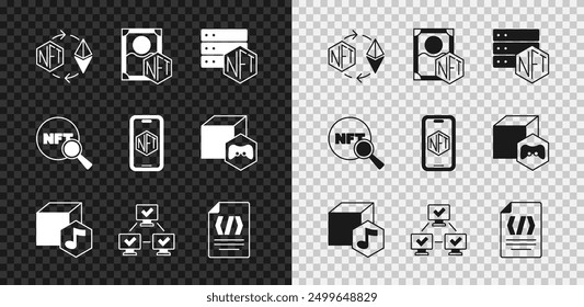 Set Ethereum exchange NFT, Digital crypto art, blockchain technology, Binary code, Search and Mobile with store app icon. Vector