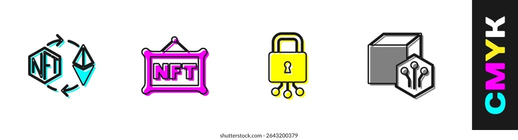 Establecer intercambio de Ethereum NFT, arte criptográfico digital, seguridad cibernética e icono. Vector