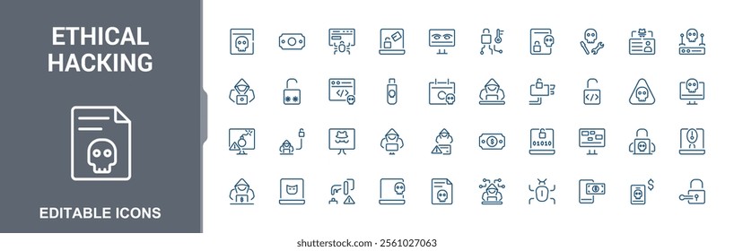 Set of Ethical Hacking line icons. Includes thin line safety, trojan, internet, network, spy. Minimalist line pictogram. Editable stroke. Vector illustration.