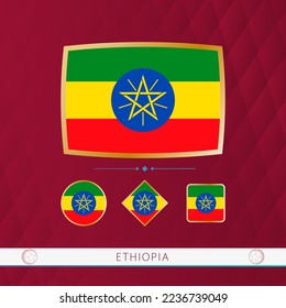 Juego de banderas de Etiopía con marco dorado para su uso en eventos deportivos con un fondo burdeos y abstracto. Colección vectorial de banderas.