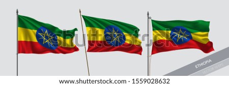 Set of Ethiopia waving flag on isolated background vector illustration. 3 Ethiopian wavy realistic flag as a symbol of patriotism 