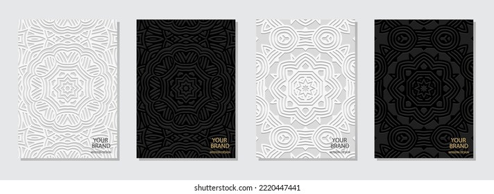 Conjunto de portadas étnicas abstractas, plantillas verticales. Colección de fondos geométricos de relieve con patrón 3D, textura tribal, papel de prensa. motivos orientales, asiáticos, indios, mexicanos, aztecos, peruanos.
