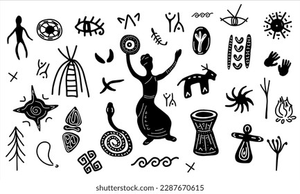 A set of ethnic African elements. Esoteric symbols. Vector hand-drawn. Isolated on a white background.